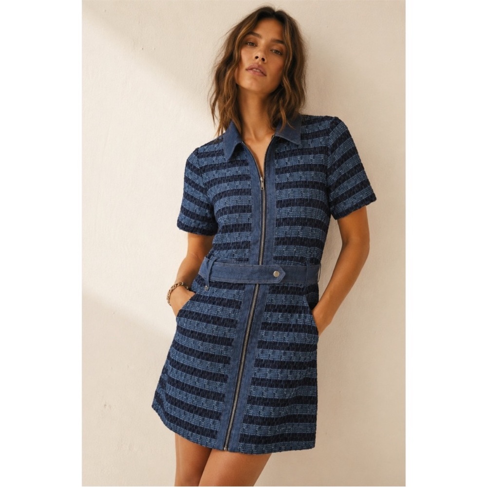 Jason Wu denim & tweed Striped Zip-Front Short Sleeve Dress - Picture 4 of 5